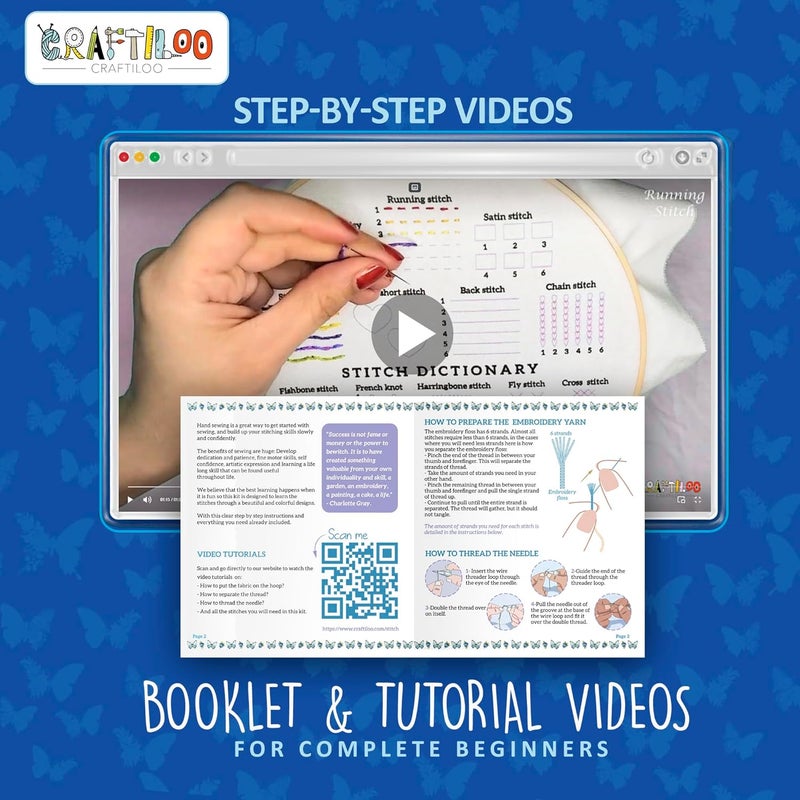 CRAFTILOO Embroidery Kits for Adults Hand Embroidery kit for Beginners with Stamped Embroidery Patterns Starter Embroidery Kit. Needlepoint kit Cross Stitch kit for Teens& Adults Butterflies - Image 4